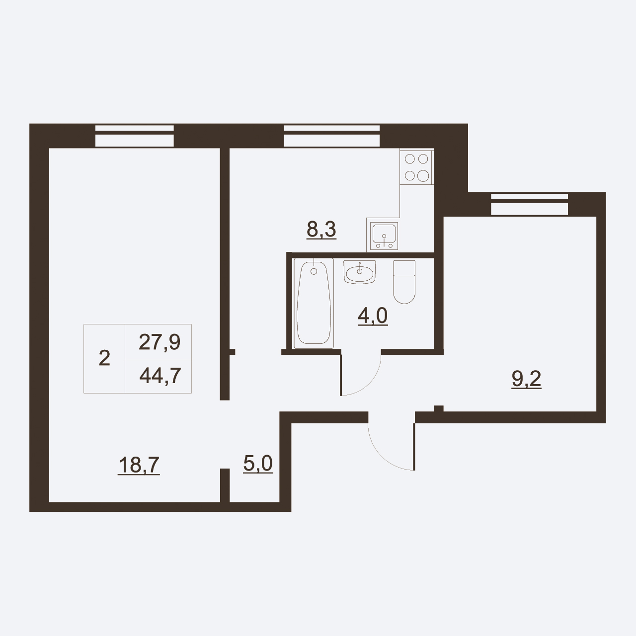 2-комнатная квартира, 44.7