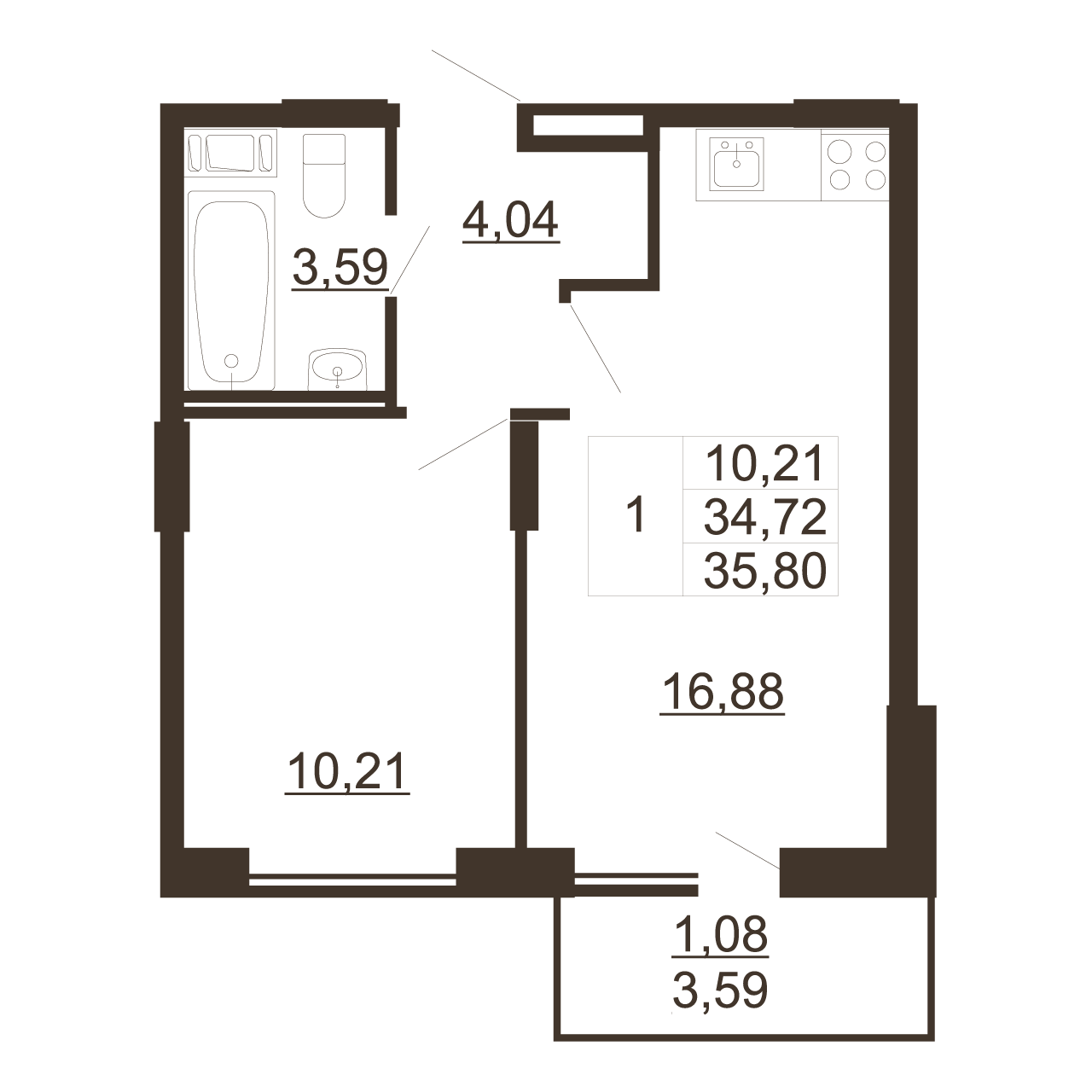 1-комнатная квартира, 35.8