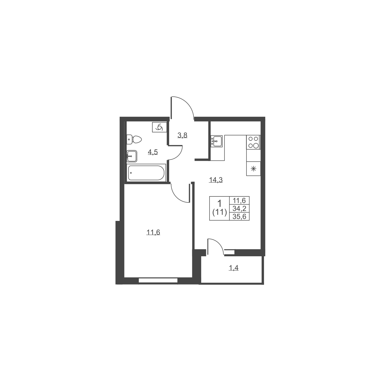 1-комнатная квартира, 35.6