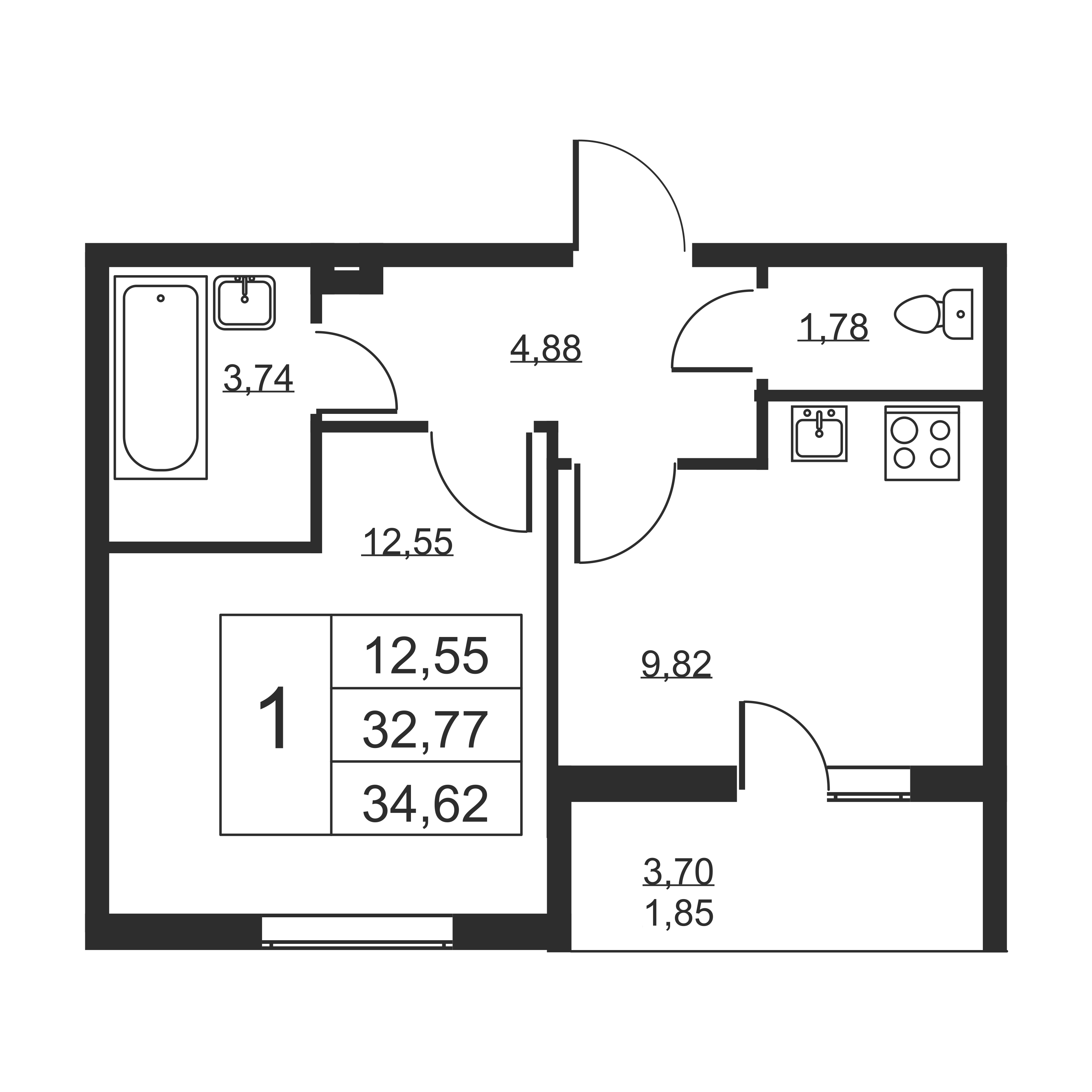 1-комнатная квартира, 34.62