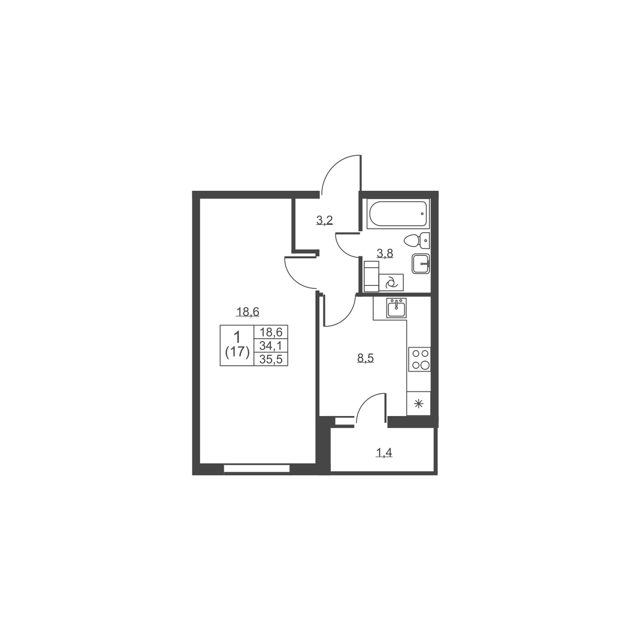 1-комнатная квартира, 35.5