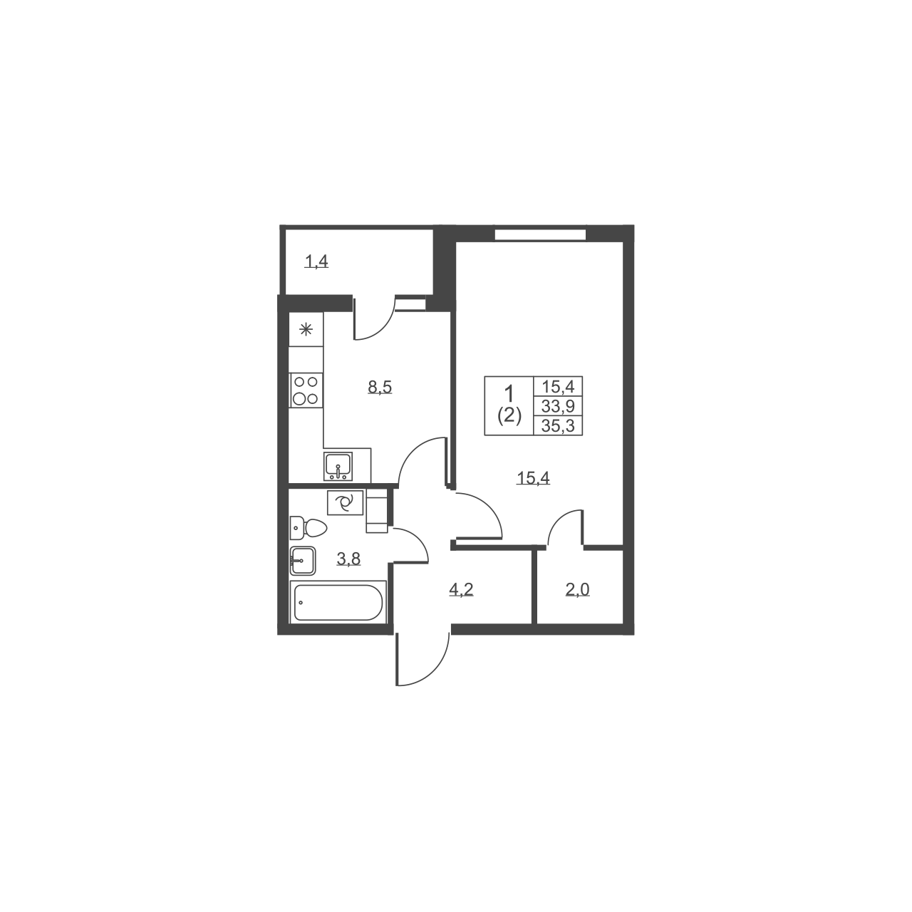 1-комнатная квартира, 35.3