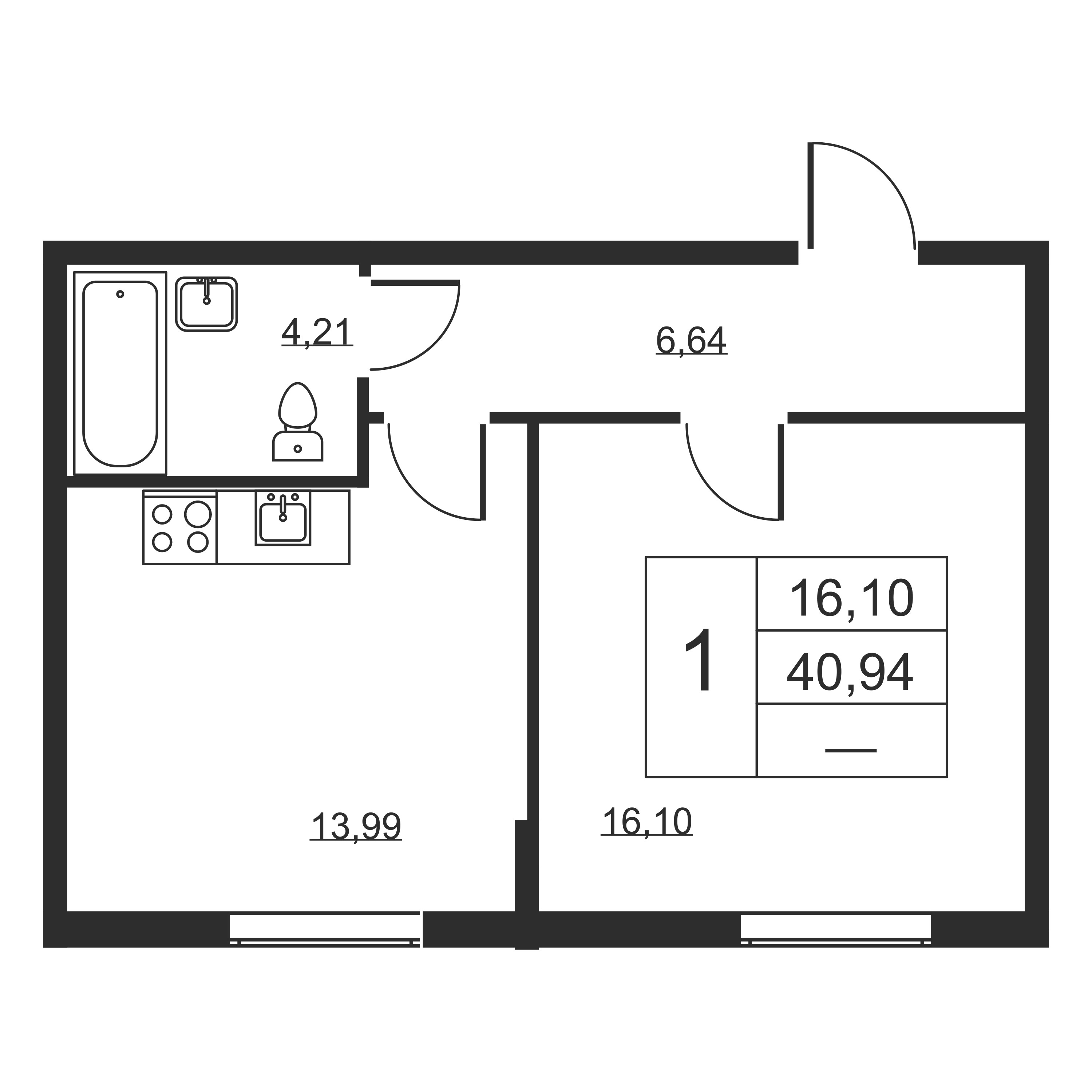 1-комнатная квартира, 40.94