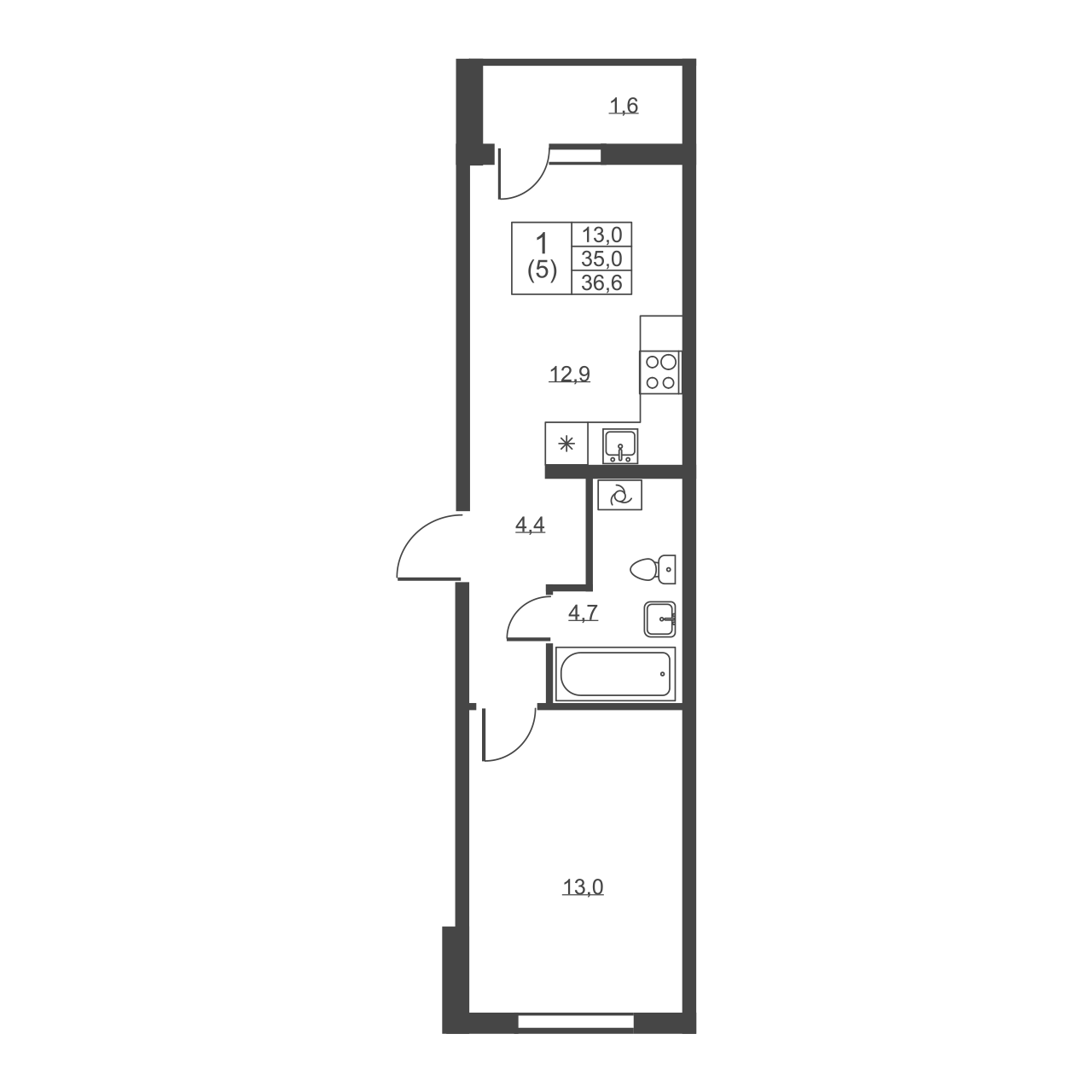 1-комнатная квартира, 36.6