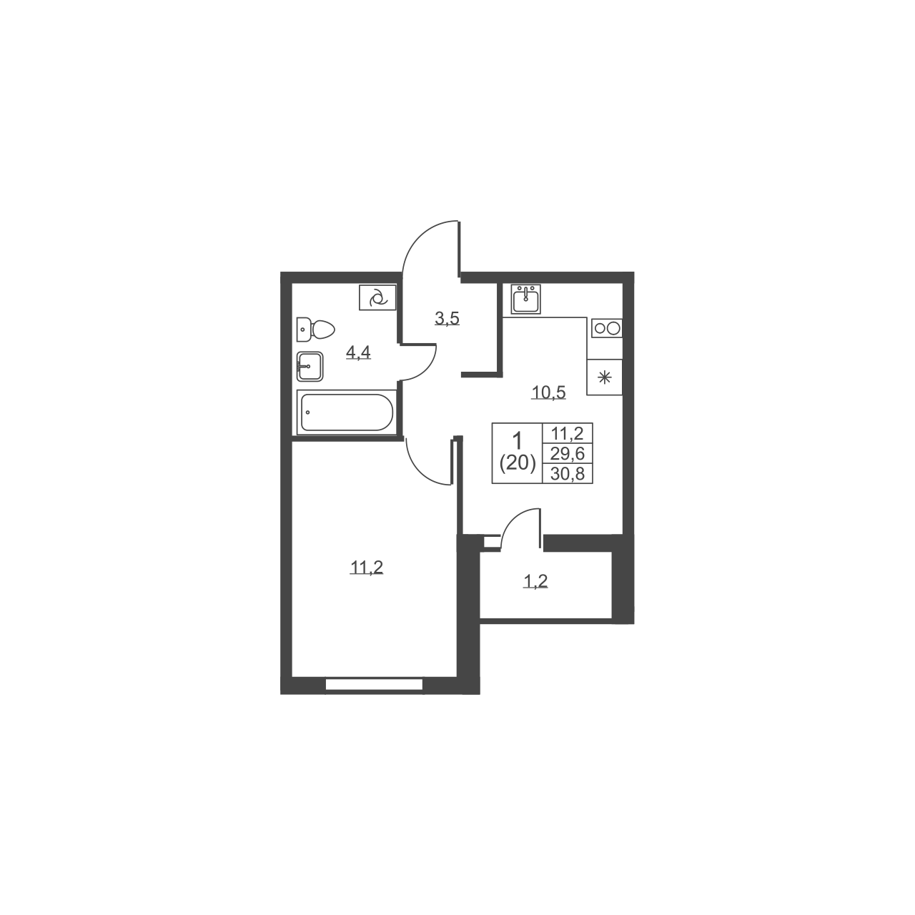 1-комнатная квартира, 30.8