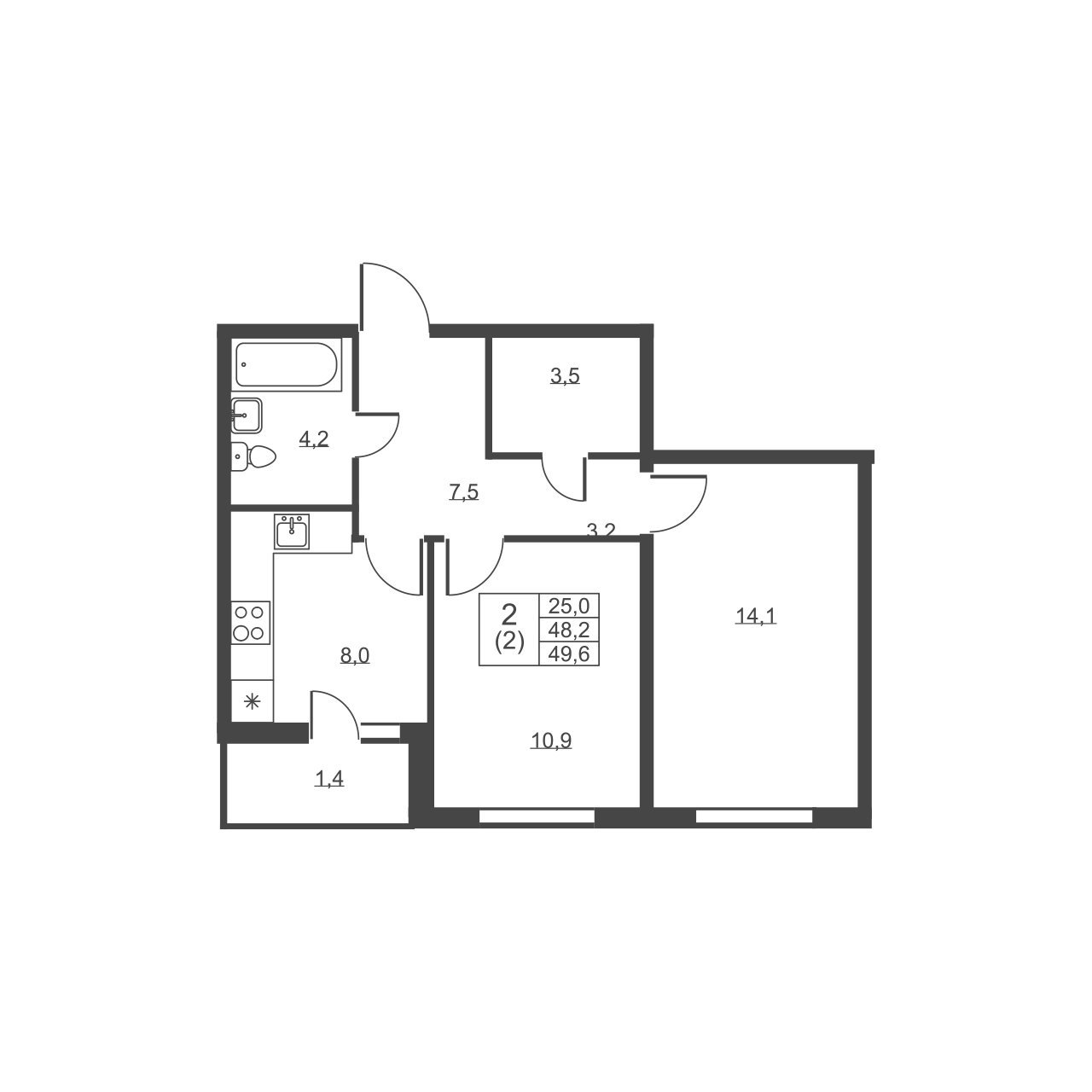 2-комнатная квартира, 49.6