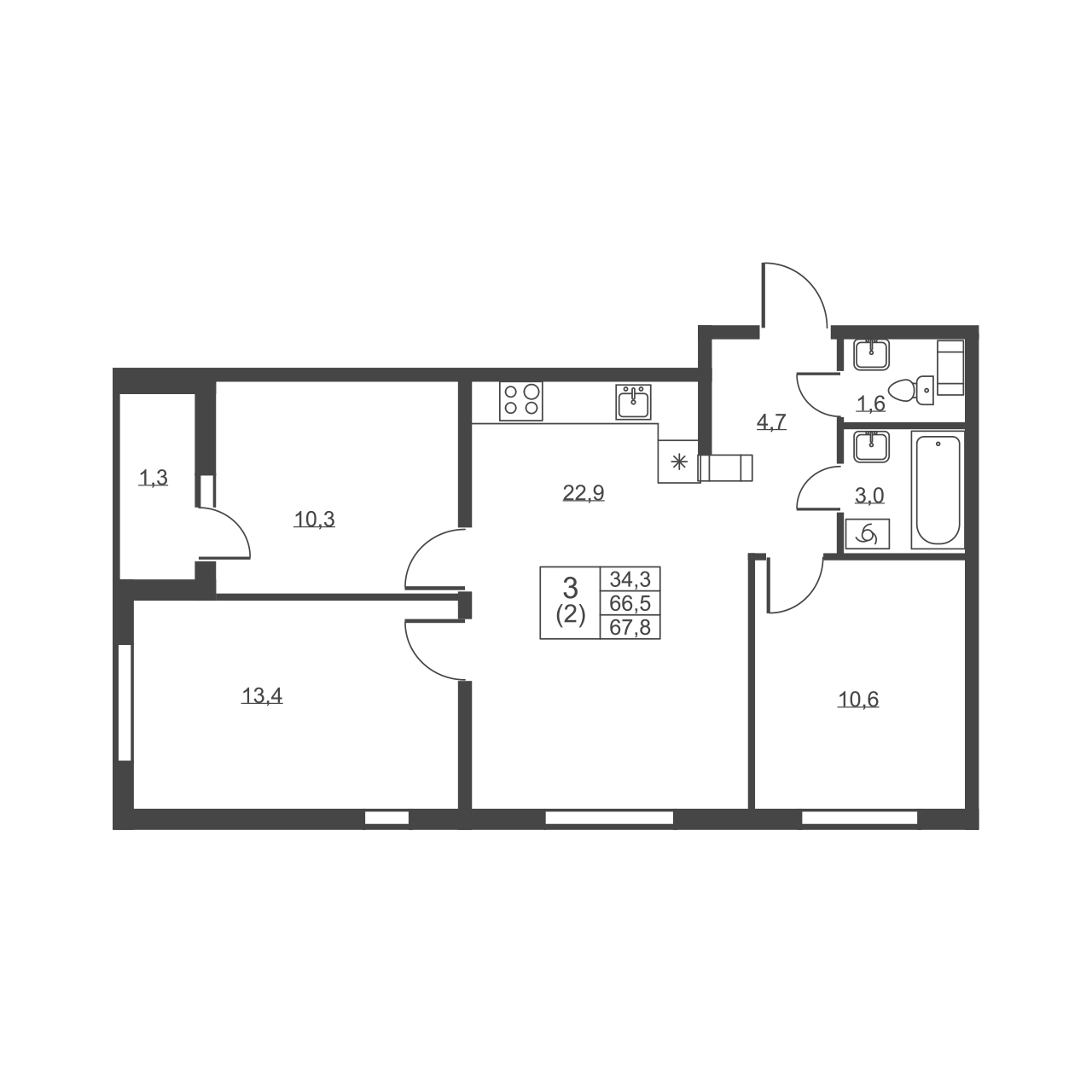 3-комнатная квартира, 67.8