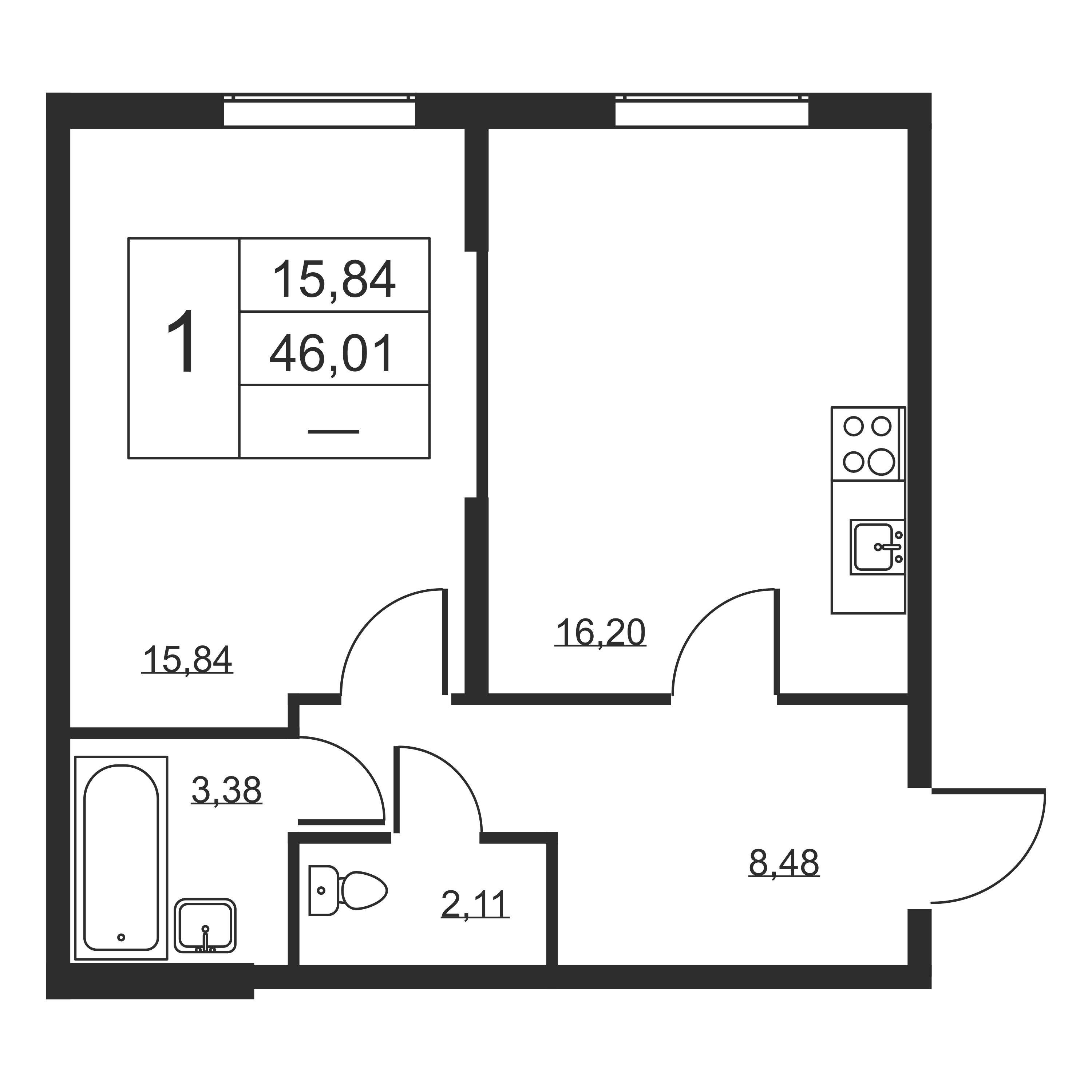 1-комнатная квартира, 46.01