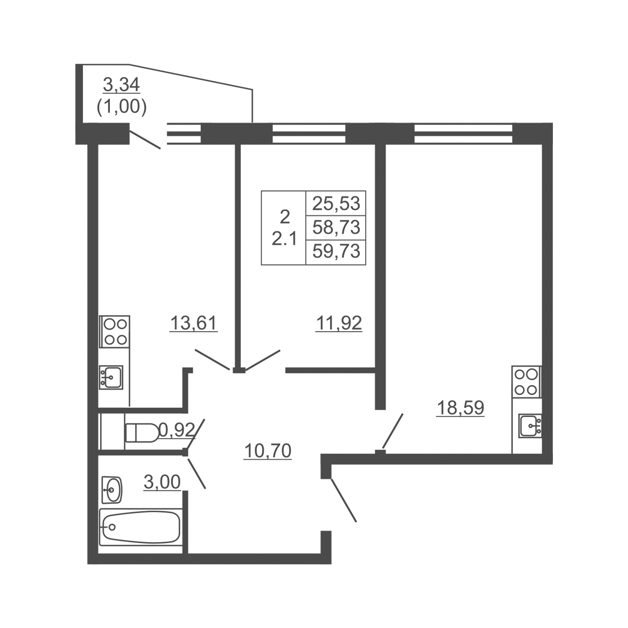 2-комнатная квартира, 59.73